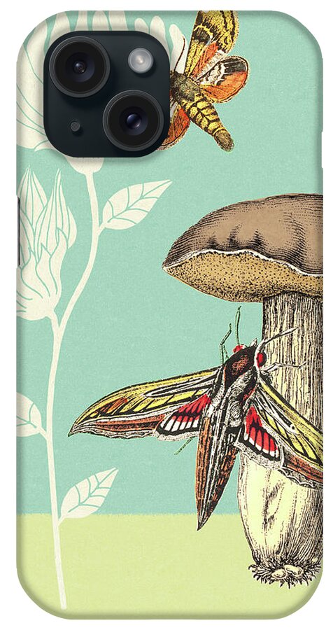 Animal iPhone Case featuring the drawing Moths, Mushroom and Flowers by CSA Images