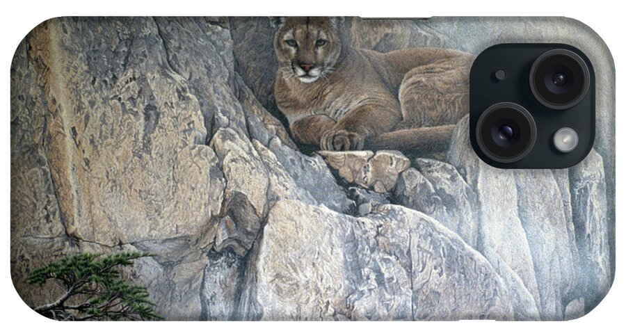 A Cougar Lying On A Ledge iPhone Case featuring the painting Mountain Mists - Cougar by Ron Parker