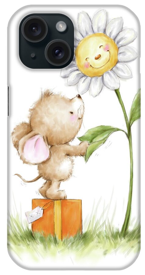 Mouse And Flower iPhone Case featuring the mixed media Mouse And Flower by Makiko