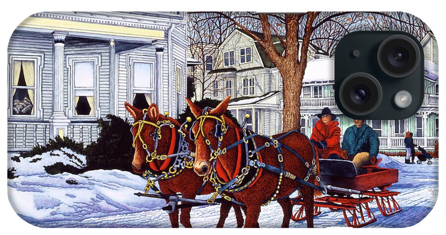 People Riding On Sleigh Being Pulled By Mules Through Town iPhone Case featuring the painting Mule Team by Thelma Winter