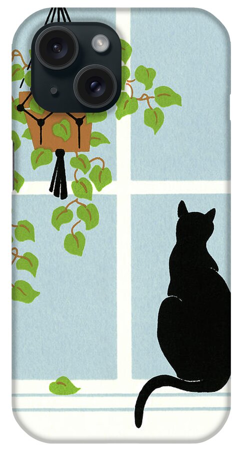 Black Cat On A Window Sill With A Plant Hanging From The Ceiling iPhone Case featuring the digital art N194 by Crockett Collection