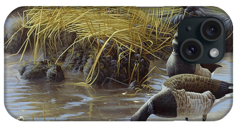 Two Geese Looking For Food At The Edge Of The River iPhone Case featuring the painting Nauesink River Mates by Michael Budden