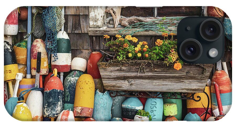 Lobster Buoy Panorama iPhone Case featuring the photograph New England Lobster Buoys and Fishing Shack Panorama by Gregory Ballos