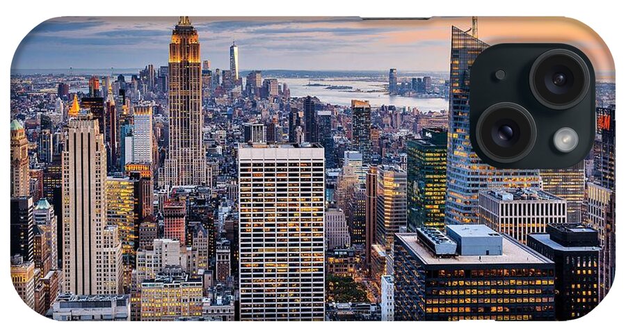 Estock iPhone Case featuring the digital art New York City, Manhattan, Midtown, Empire State Building, Cityscape With The Empire State Building And The Freedom Tower As Seen From Top Of The Rock Observation Deck At The Rockefeller Center At Night by Antonino Bartuccio