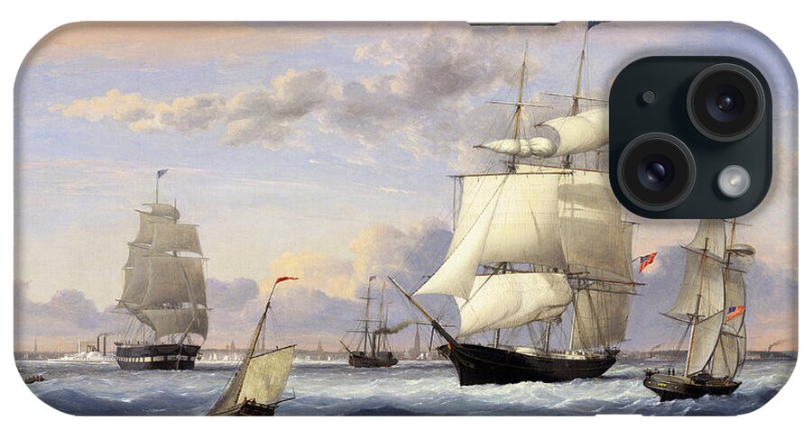 New York Harbor iPhone Case featuring the painting New York Harbor by Fitz Henry Lane by Rolando Burbon