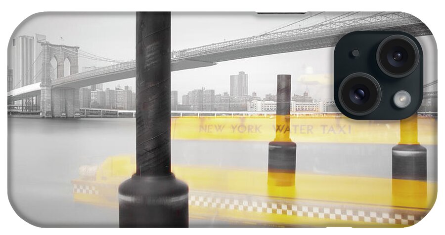Ghost Of Yellow Taxi Between Pylons Of Pier Below Brooklyn Bridge
Pop Of Color iPhone Case featuring the photograph New York Water Taxi by Moises Levy