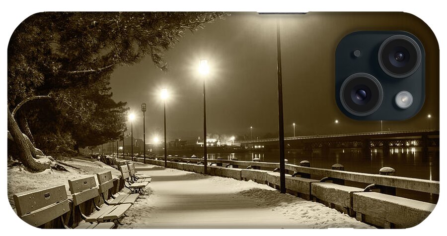Newburyport iPhone Case featuring the photograph Newburyport MA Snowstorm at night Merrimac River Lights Sepia by Toby McGuire