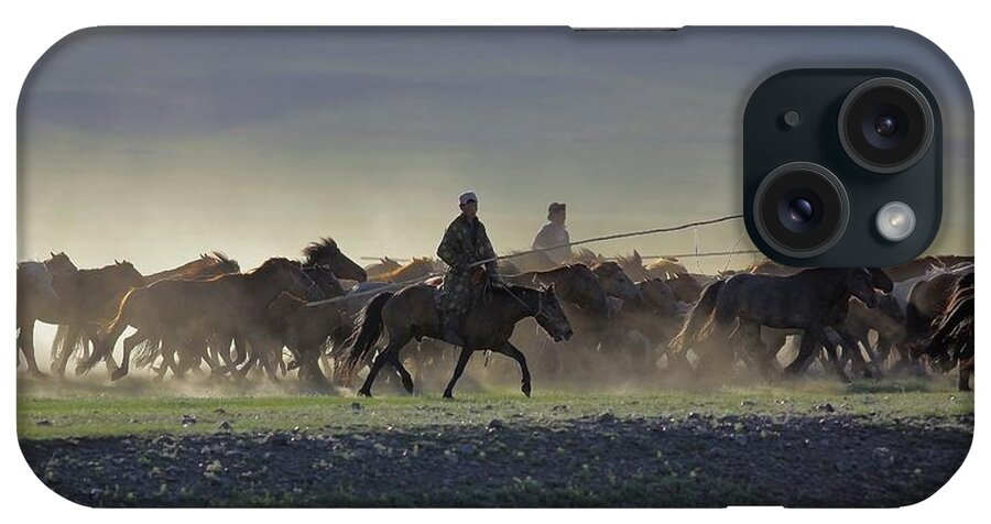 Horse iPhone Case featuring the photograph Nomadic Mongolian Men Herd Horses by Timothy Allen