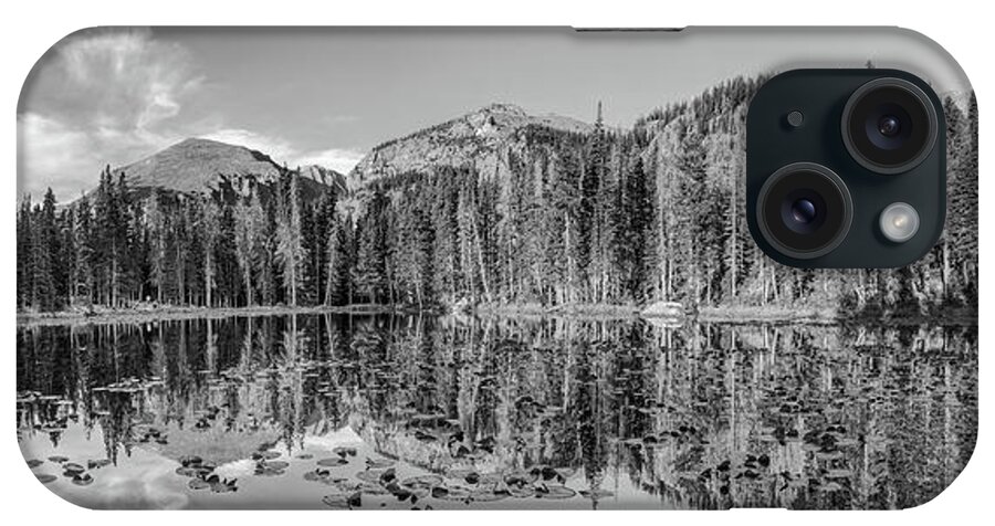 America iPhone Case featuring the photograph Nymph Lake Rocky Mountain Landscape Colorado Panorama Monochrome by Gregory Ballos