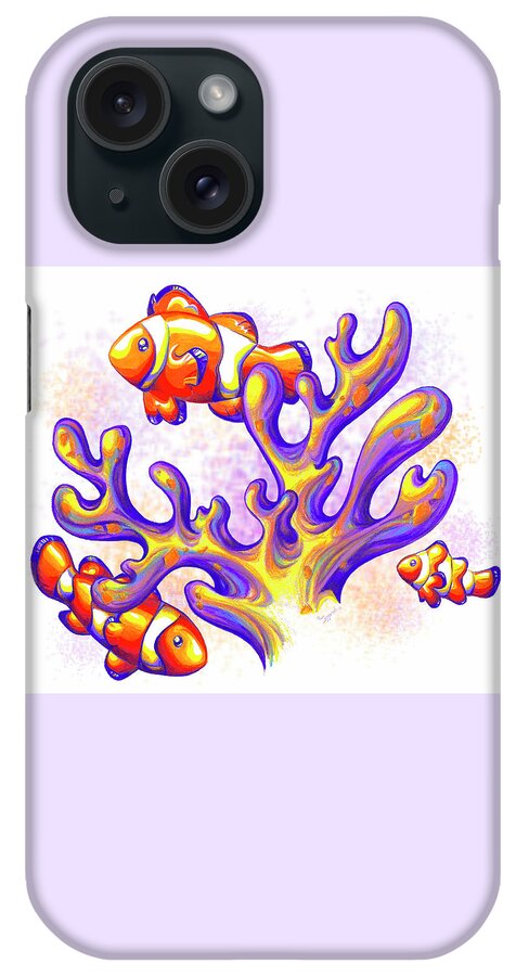 Illustration iPhone Case featuring the drawing Ocean Wilderness Clownfish and Coral Reef by Sipporah Art and Illustration