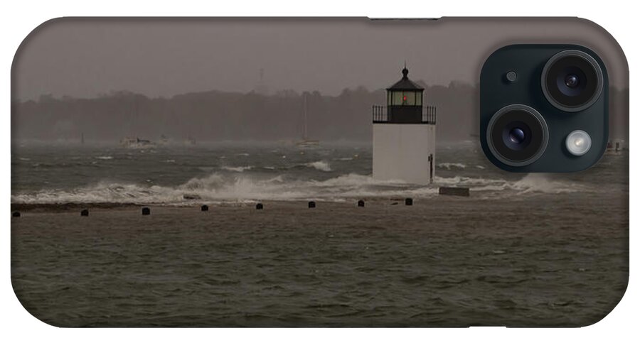 Salem Ma iPhone 15 Case featuring the photograph October Storm at Derby Wharf Lighthouse by Jeff Folger