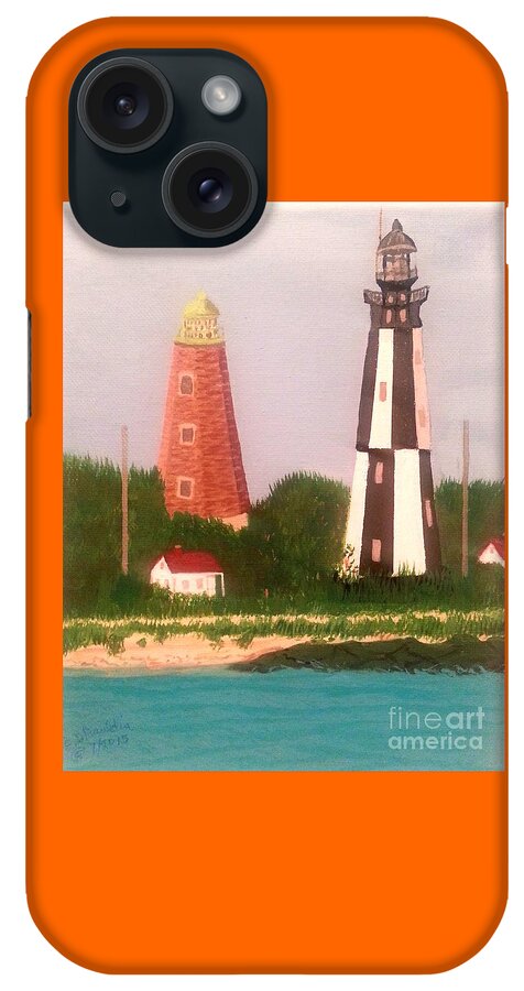 Original iPhone Case featuring the painting Old and New Cape Henry Lighthouses, Virginia by Elizabeth Mauldin