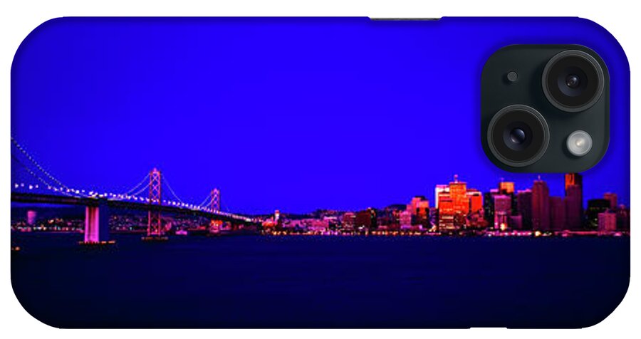 San Francisco iPhone Case featuring the photograph San Francisco, skyline, dawn, vignette Oakland, Bay, Bridge, from Treasure,Island by Tom Jelen