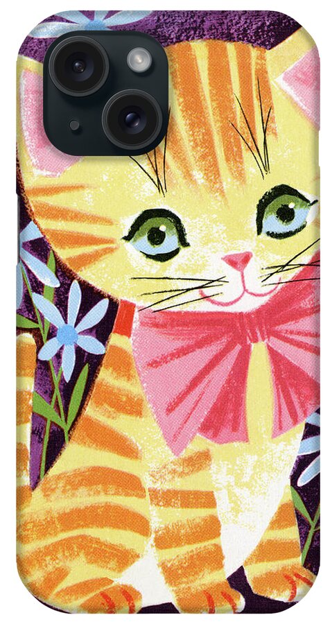 Animal iPhone Case featuring the drawing Orange Cat Wearing Bow by CSA Images