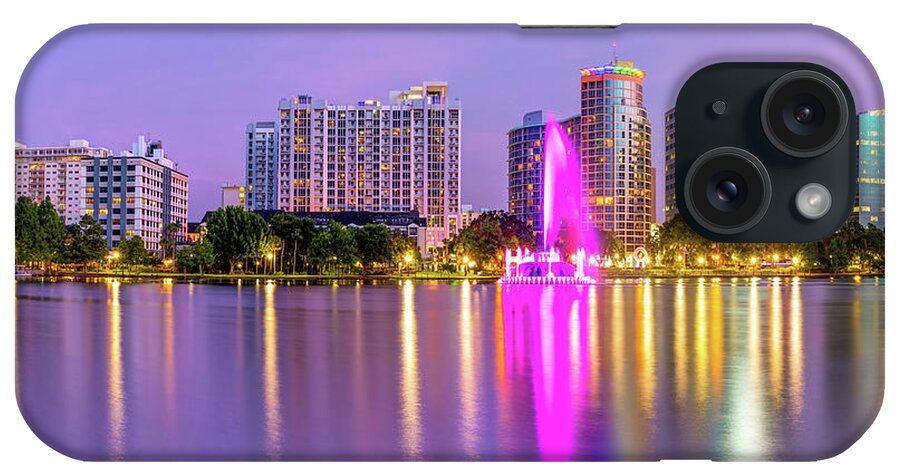 America iPhone Case featuring the photograph Orlando Skyline and Lake Eola Fountain at Dusk by Gregory Ballos