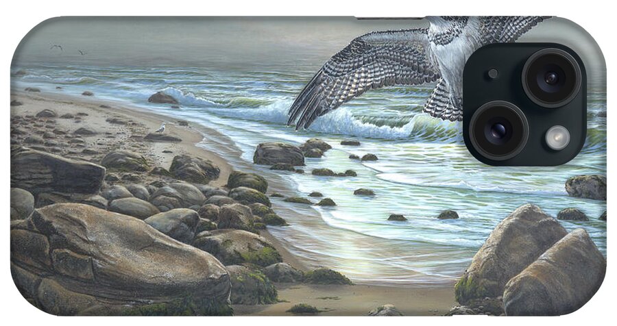 Osprey With Its Wings Spread In Front Of Ocean Views iPhone Case featuring the painting Osprey by Bruce Dumas