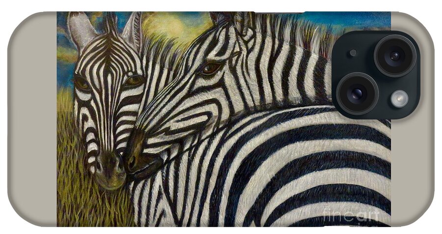 Nature Scene Zebra Paintings Two Zebras With Broad Black And White Stripes Nuzzling Each Other Around The Neck Side And Backside Views With Sunrise In Background And Grassy Savanna Animal Paintings Acrylic Paintings iPhone Case featuring the painting Our Stripes May Be Different But Our Hearts Beat As One by Kimberlee Baxter