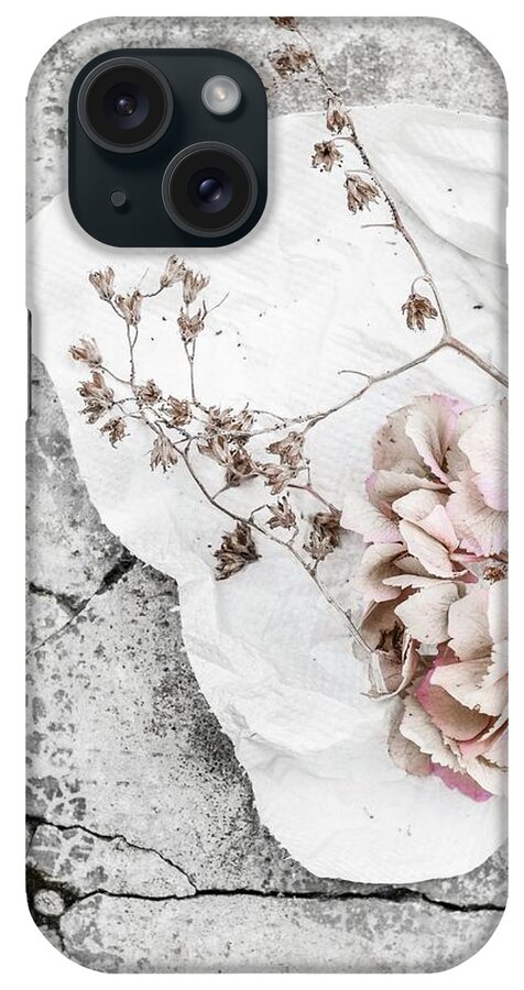 Ip_11988770 iPhone Case featuring the photograph Pale Hydrangea Flowers On White Kitchen Roll On Stone Surface by Agata Dimmich