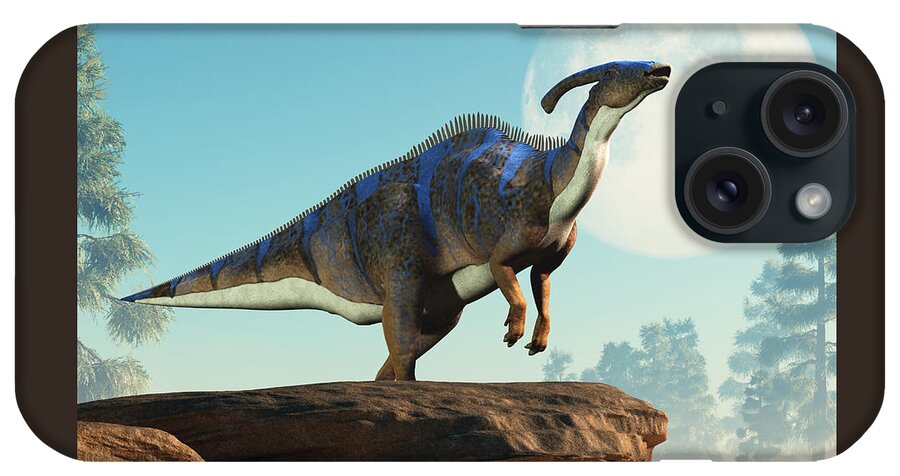 Parasaurolophus iPhone Case featuring the digital art Parasaurolophus Howling at the Moon by Daniel Eskridge