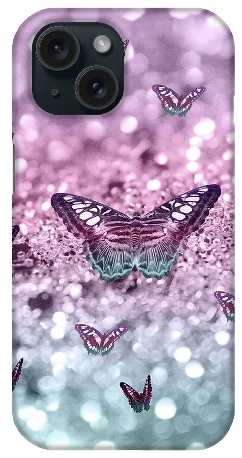 Collage iPhone Case featuring the mixed media Pastel Unicorn Butterfly Glitter Dream #2 #shiny #decor #art by Anitas and Bellas Art
