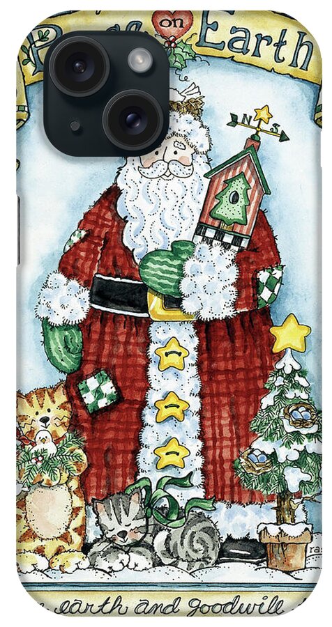 Santa Holding Birdhouse Has Bird Nesting On His Head And Cats At His Feet iPhone Case featuring the painting Peace On Earth by Shelly Rasche
