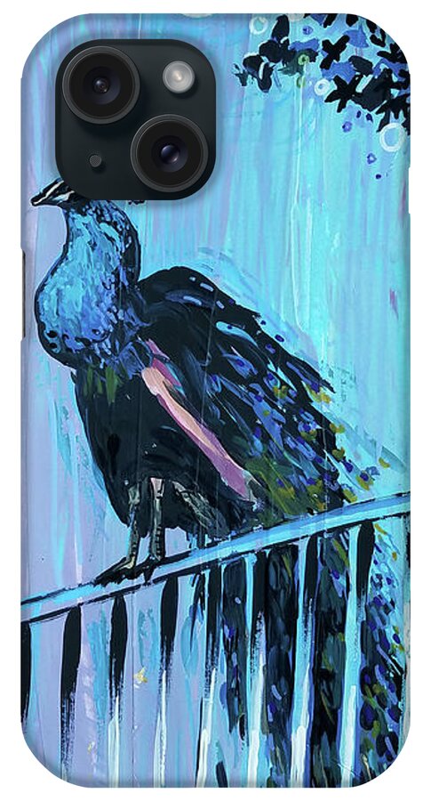 Bird iPhone Case featuring the painting Peacock on a fence by Tilly Strauss