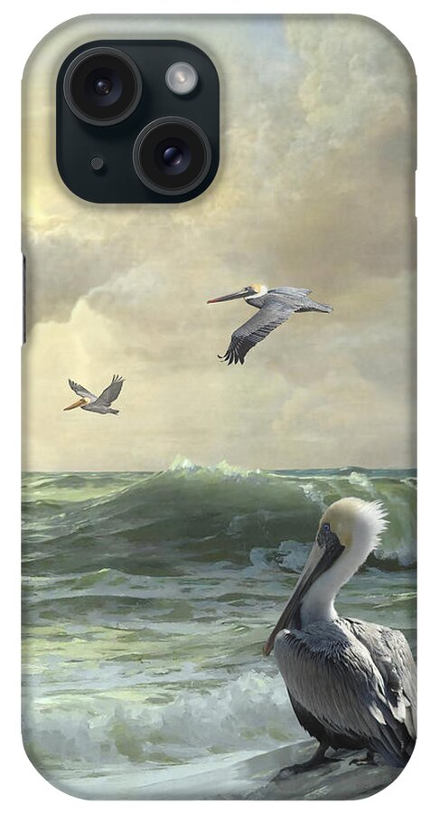 Florida iPhone Case featuring the digital art Pelicans in the Surf by M Spadecaller