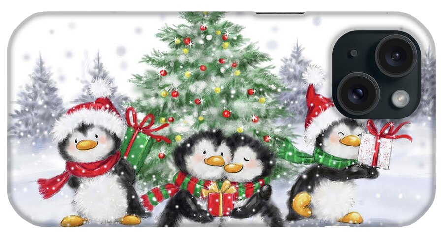 Penguins Christmas iPhone Case featuring the mixed media Penguins Christmas by Makiko