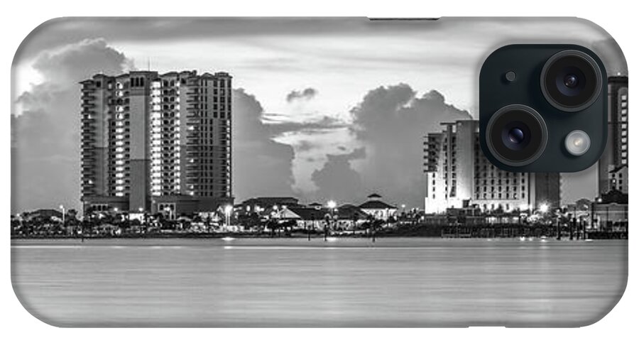 America iPhone Case featuring the photograph Pensacola Beach Skyline Black and White Panorama Photo by Paul Velgos