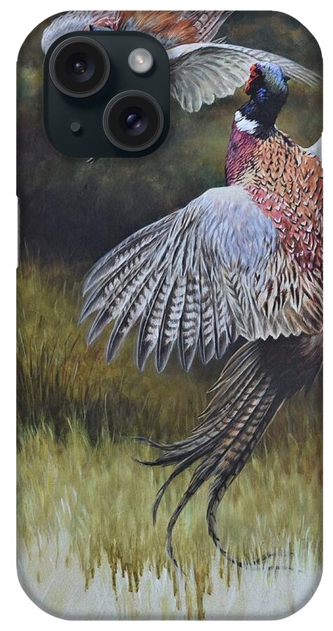 Wildlife Paintings iPhone Case featuring the painting Pheasants Fighting by Alan M Hunt
