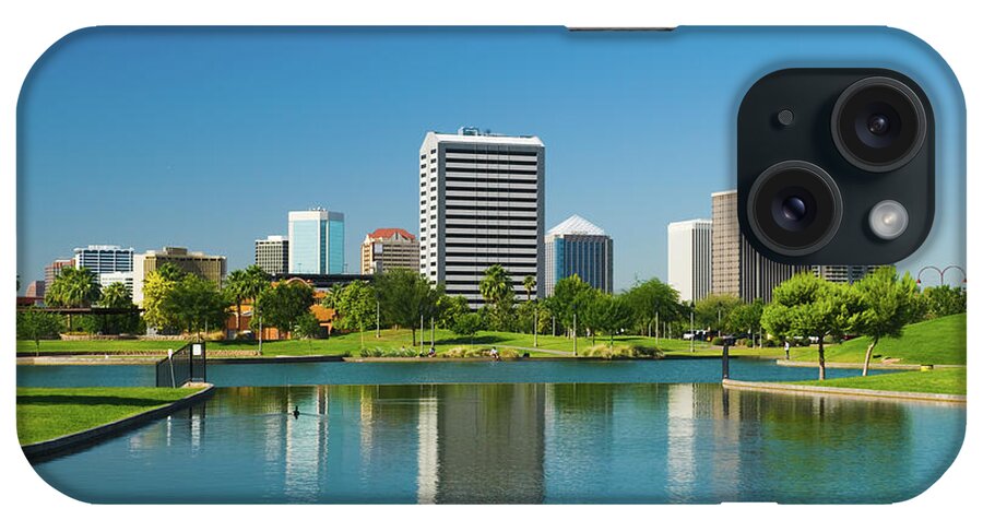 Grass iPhone Case featuring the photograph Phoenix Midtown Skyline, Park, And Lake by Davel5957