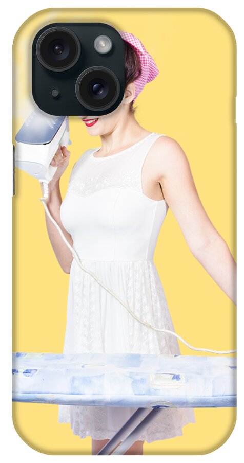 Cleaning iPhone Case featuring the photograph Pin up woman providing steam clean ironing service by Jorgo Photography