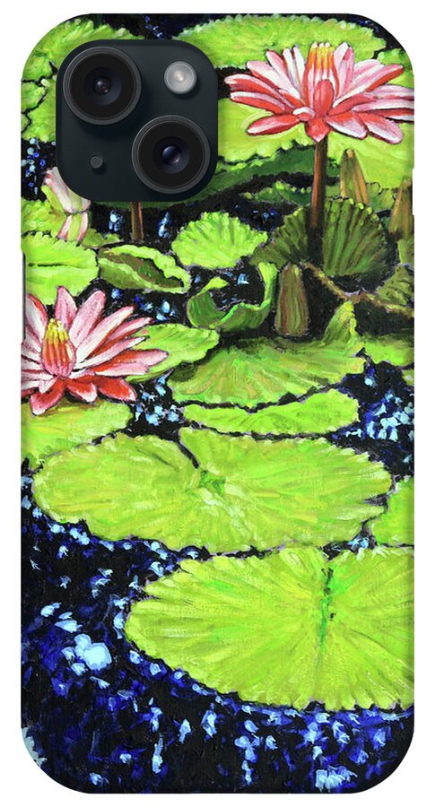 Water Lilies iPhone Case featuring the painting Pink and Green on Blue by John Lautermilch