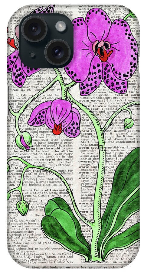 Dictionary iPhone Case featuring the painting Pink Orchid Dictionary Page Watercolor Art by Irina Sztukowski