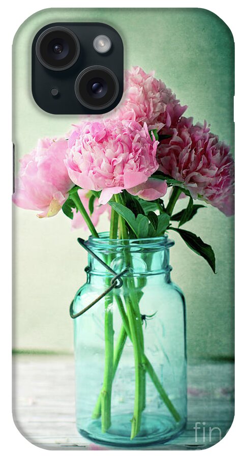 Flowers iPhone Case featuring the photograph Pink Peonies in a Blue Antique Mason Jar by Stephanie Frey