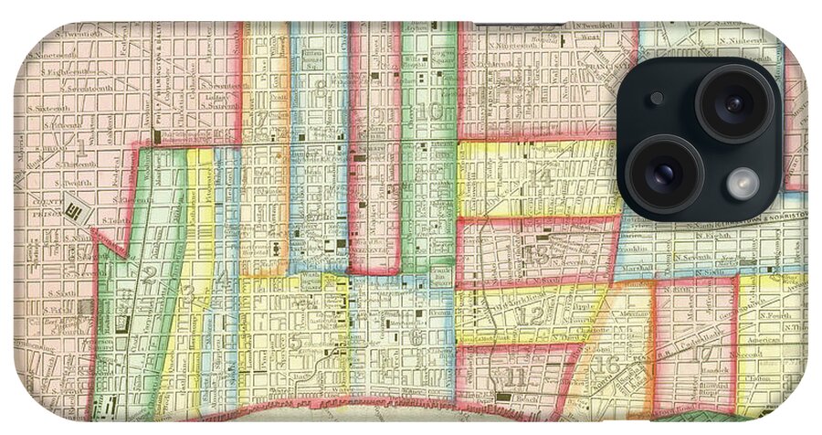 Map iPhone Case featuring the mixed media Plan of Philadelphia, 1860 by Augustus Mitchell