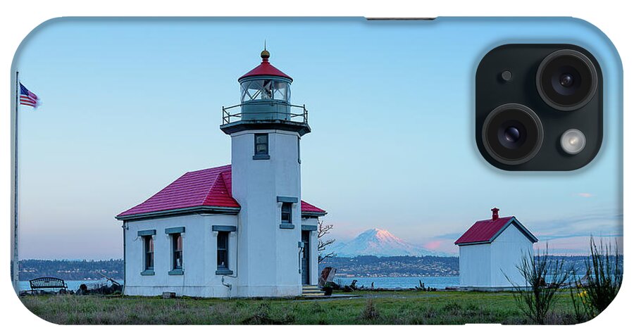 Outdoor; Beach; Maury Island; Vashon Island; Lighthouse; Point Robinson; Puget Sound; Sunset; Mt Rainier; iPhone Case featuring the digital art Point Robinson Lighthouse at Maury Island, WA by Michael Lee
