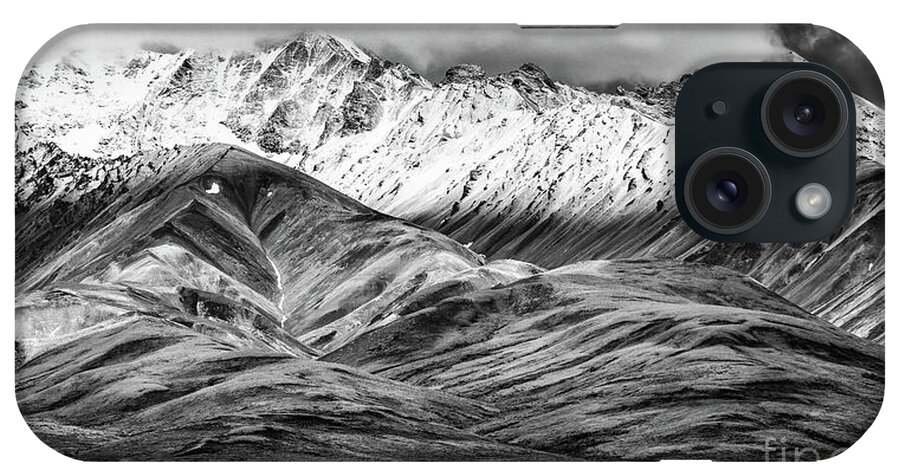 Polychrome Mountain iPhone Case featuring the photograph Polychrome mountain, Denali National Park, Alaska, BW by Lyl Dil Creations