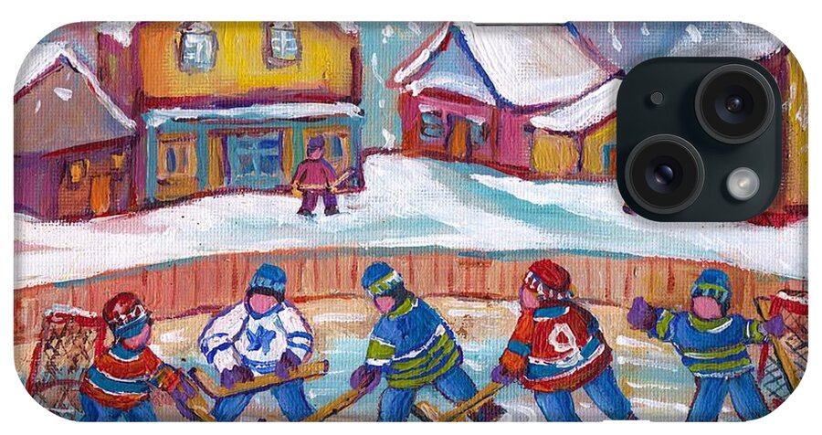Rink Hockey iPhone Case featuring the painting Pond Hockey Canadian Small Town Rural Landscape Leafs Vs Habs Kids Snowy Laurentian Art C Spandau  by Carole Spandau