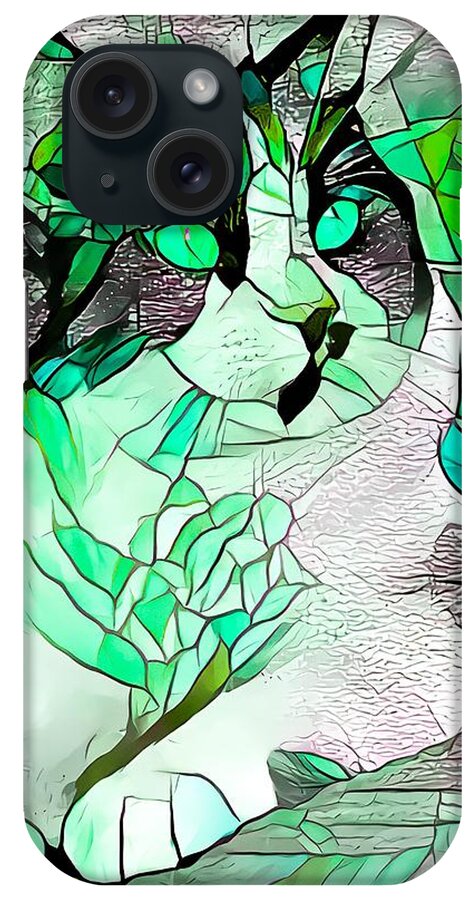 Stained Glass iPhone Case featuring the digital art Pondering Green Tuxedo Cat by Don Northup