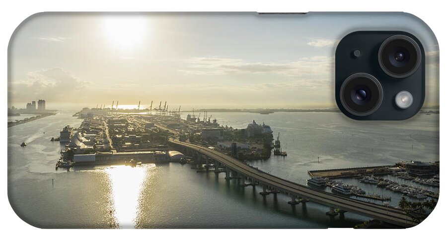 Aerial View iPhone Case featuring the digital art Port Of Miami At Sunset, Aerial View, Miami, Florida, United States by Lost Horizon Images