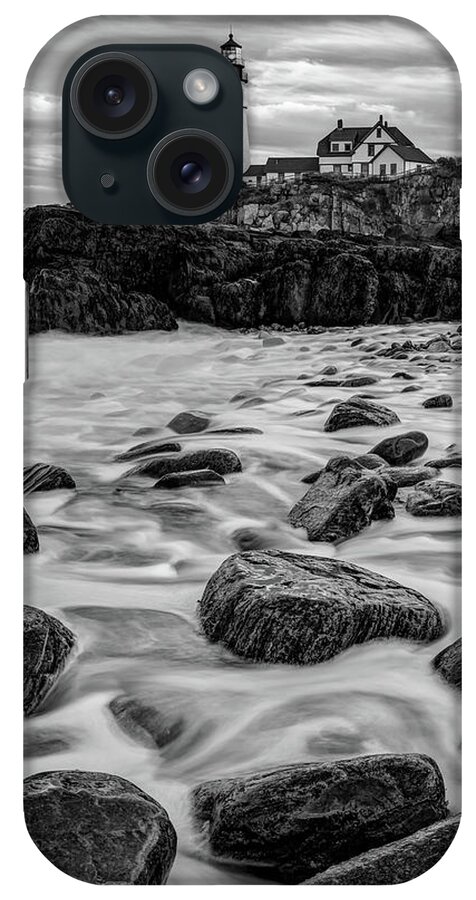 Portland Head Light iPhone Case featuring the photograph Portland Head Light From the Shoreline - Monochrome Edition by Gregory Ballos