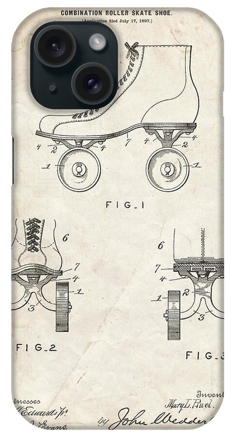 Pp1019-vintage Parchment Roller Skate 1899 Patent Poster iPhone Case featuring the digital art Pp1019-vintage Parchment Roller Skate 1899 Patent Poster by Cole Borders