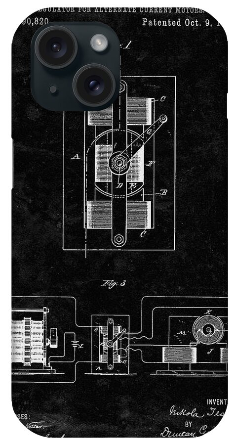 Pp1095-black Grunge Tesla Regulator For Alternate Current Motor Patent Poster iPhone Case featuring the digital art Pp1095-black Grunge Tesla Regulator For Alternate Current Motor Patent Poster by Cole Borders