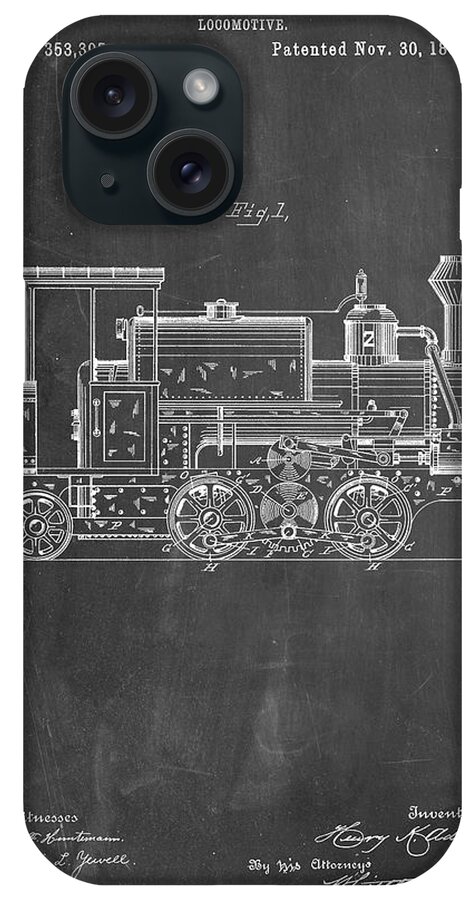 Pp122- Chalkboard Steam Locomotive 1886 Patent Poster iPhone Case featuring the digital art Pp122- Chalkboard Steam Locomotive 1886 Patent Poster by Cole Borders