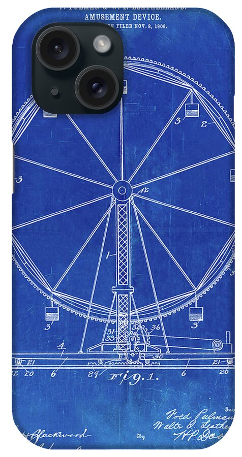 Pp167- Faded Blueprint Ferris Wheel Poster iPhone Case featuring the digital art Pp167- Faded Blueprint Ferris Wheel Poster by Cole Borders