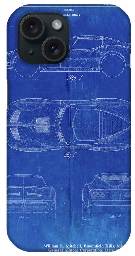 Pp21-faded Blueprint Corvette 1966 Mako Shark Ii Patent Poster iPhone Case featuring the digital art Pp21-faded Blueprint Corvette 1966 Mako Shark II Patent Poster by Cole Borders