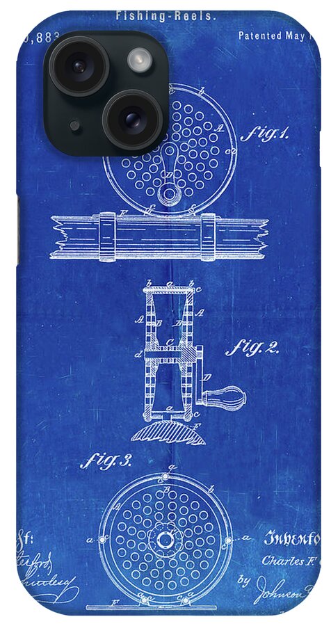 Pp225-faded Blueprint Orvis 1874 Fly Fishing Reel Patent Poster iPhone Case featuring the digital art Pp225-faded Blueprint Orvis 1874 Fly Fishing Reel Patent Poster by Cole Borders