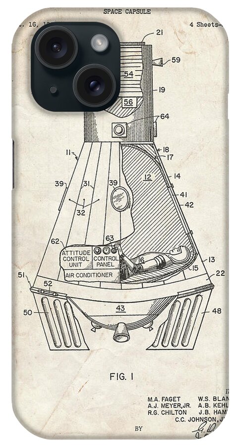 Pp229-vintage Parchment Nasa Space Capsule 1959 Patent Poster iPhone Case featuring the digital art Pp229-vintage Parchment Nasa Space Capsule 1959 Patent Poster by Cole Borders