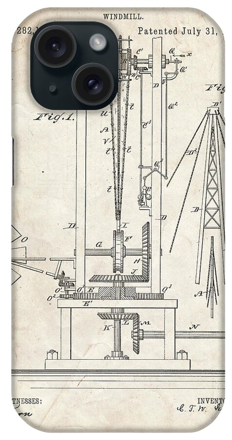Pp26-vintage Parchment Windmill 1883 Patent Poster iPhone Case featuring the digital art Pp26-vintage Parchment Windmill 1883 Patent Poster by Cole Borders